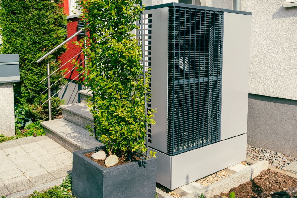 Eine Wärmepumpe steht seitlich vor einem Hauseingang.
